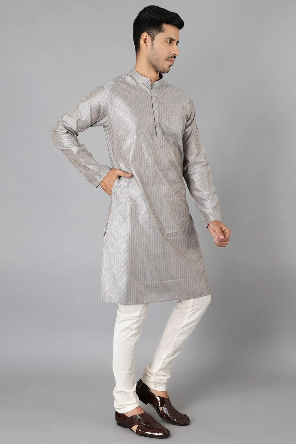 Banarasi Rayon Cotton Grey Kurta Pajama