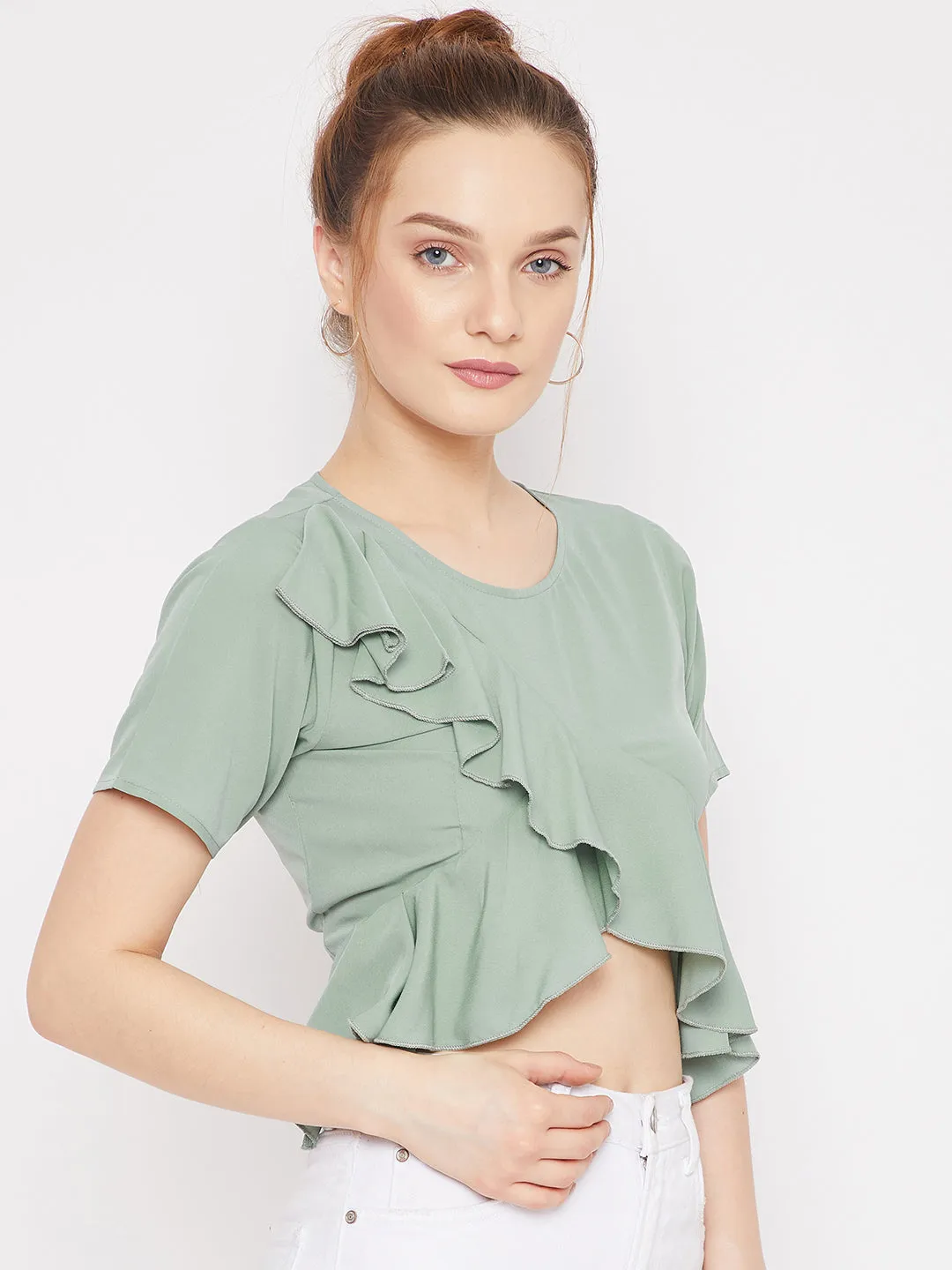 Berrylush Women Solid Green Round Neck Front Cross Ruffled Trim Wrap Crop Top