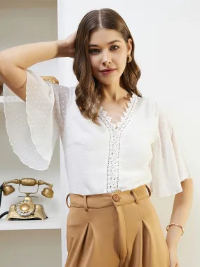 Berrylush Women Solid White Dobby Weave V-Neck Three-Quarter Sleeves Lace-Up Georgette Cropped Top