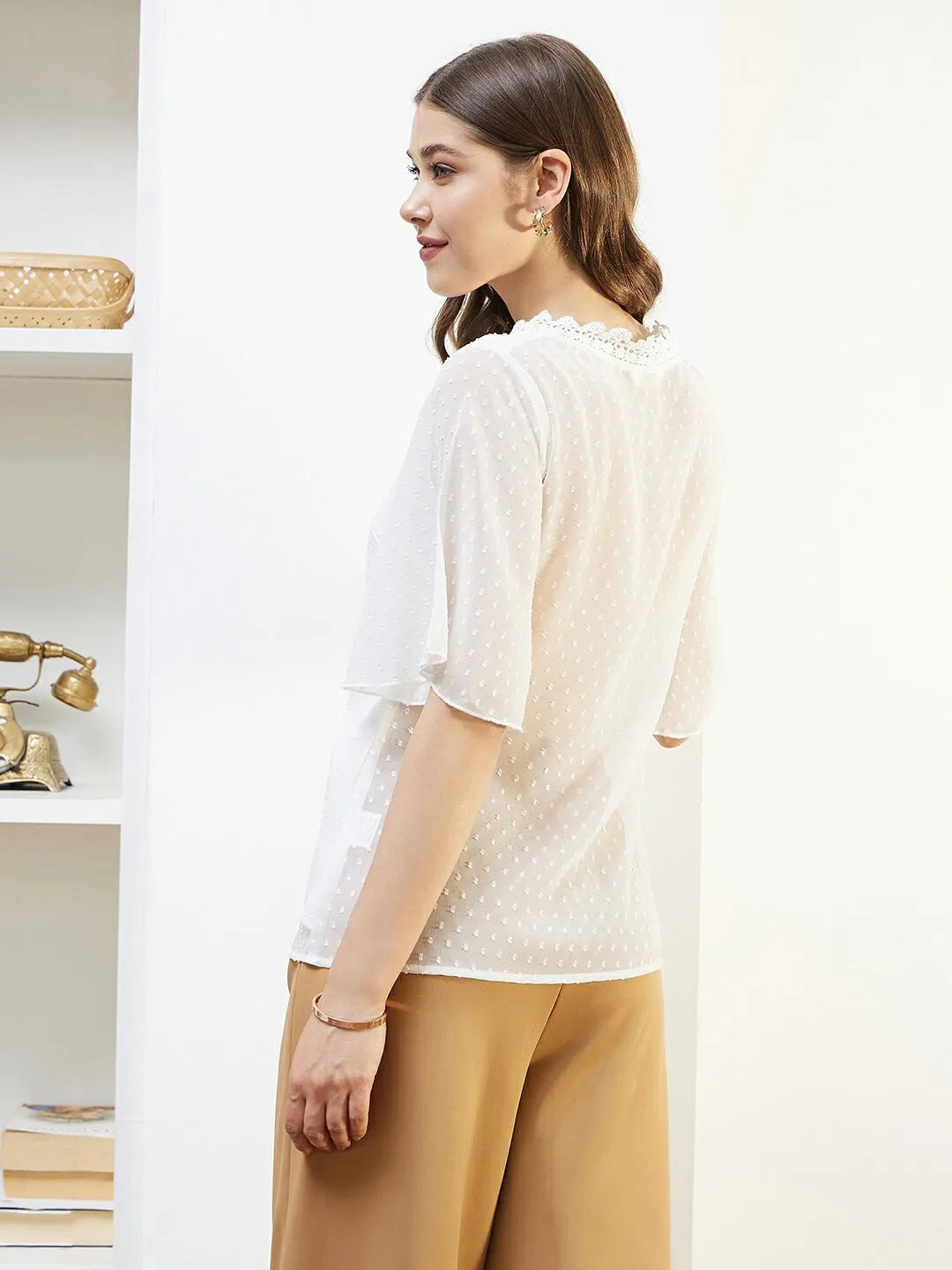 Berrylush Women Solid White Dobby Weave V-Neck Three-Quarter Sleeves Lace-Up Georgette Cropped Top
