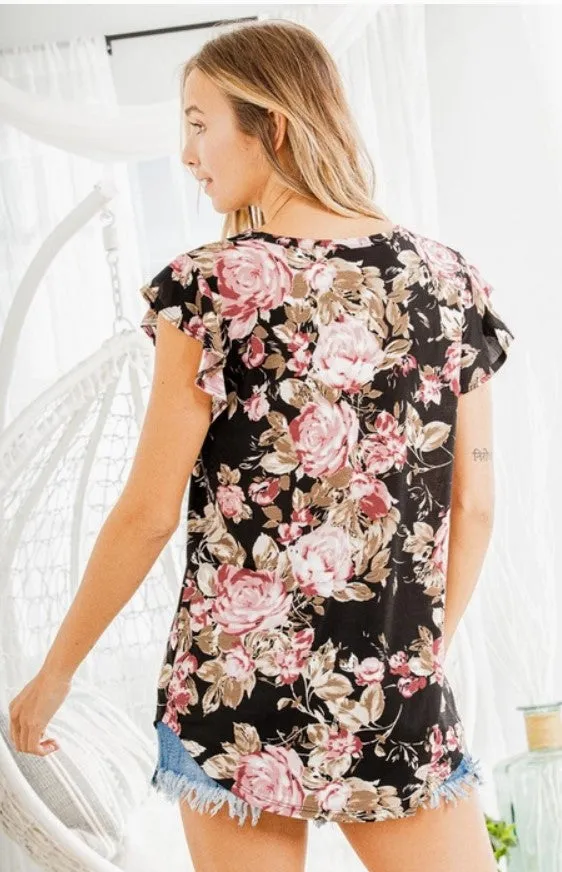 Black/Pink Floral Ruffle Sleeve Top - #6399-6404