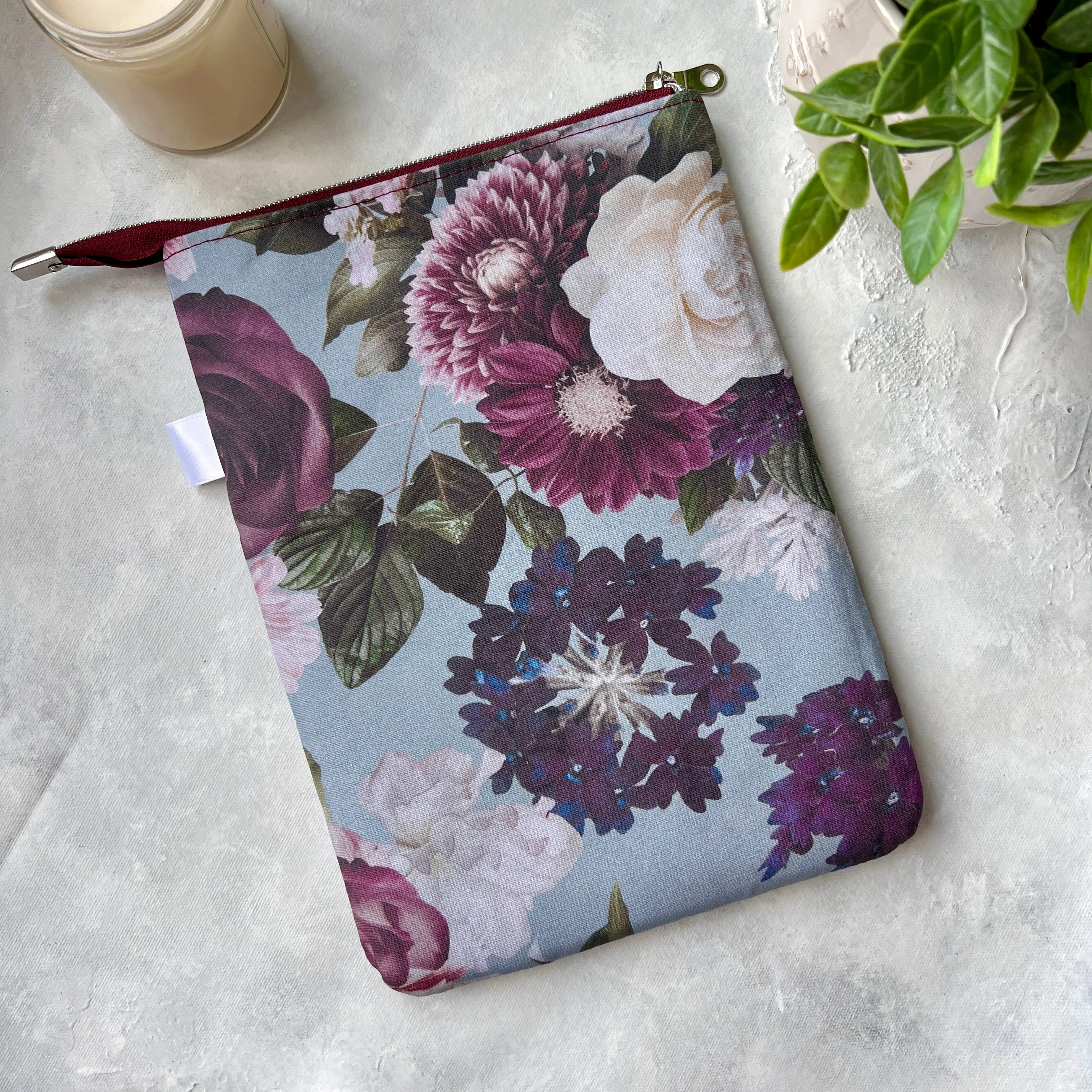 Burgundy Floral -  Zippered Book Sleeve