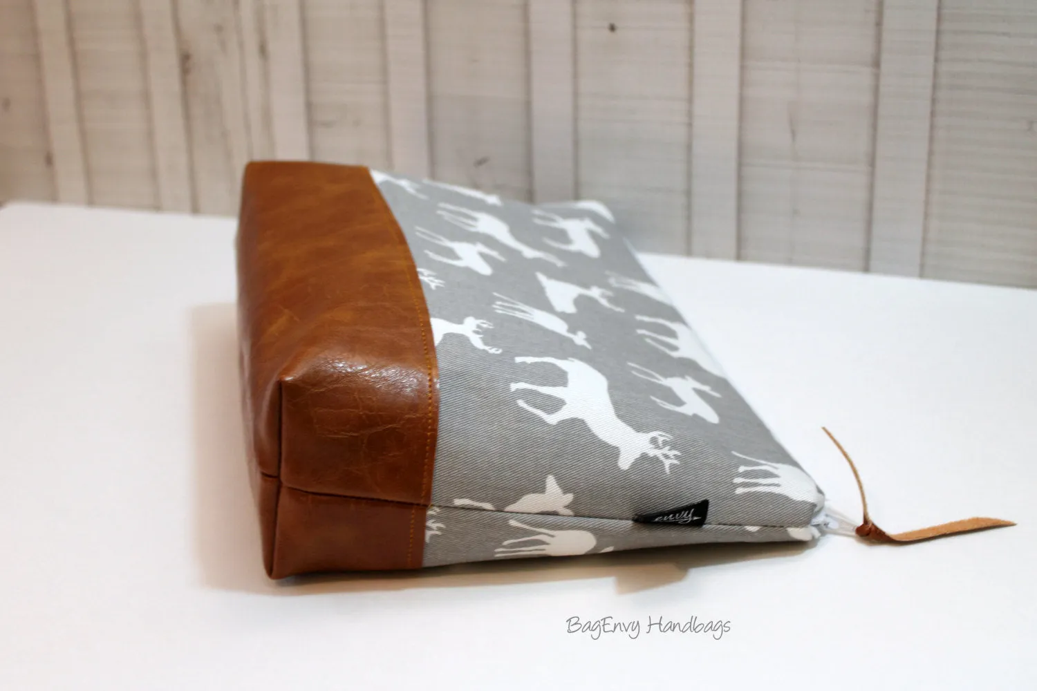 Deer Buck In Grey with Vegan Leather - Large Make Up Bag / Diaper Clutch / Bridesmaid Gift