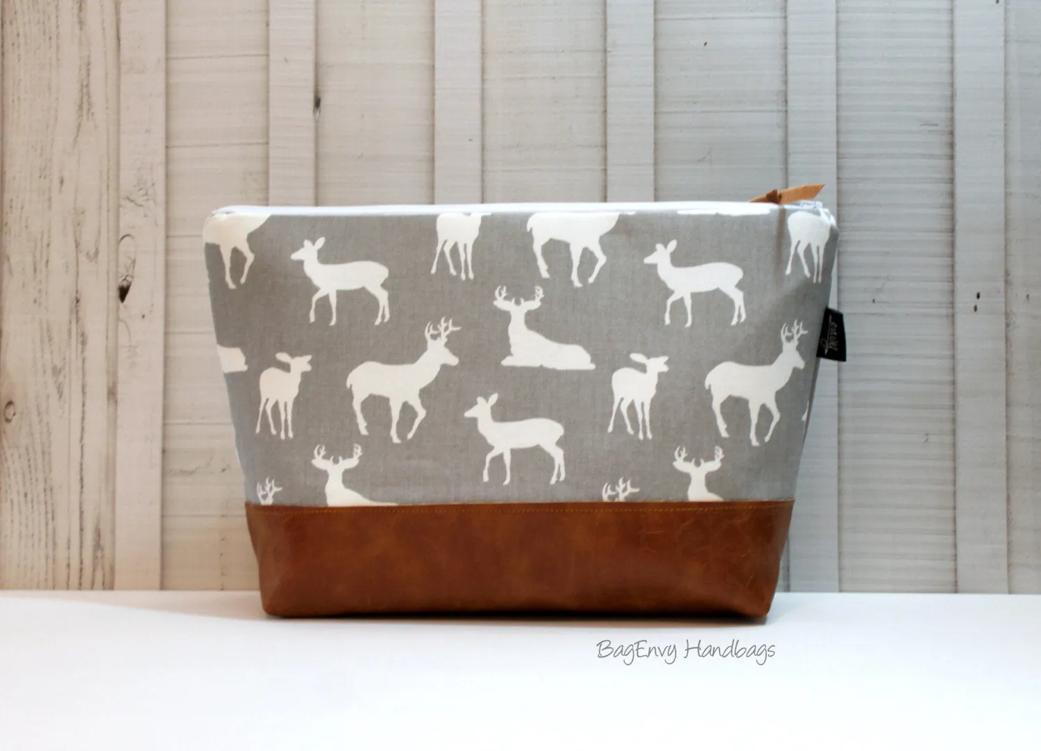 Deer Buck In Grey with Vegan Leather - Large Make Up Bag / Diaper Clutch / Bridesmaid Gift