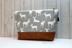 Deer Buck In Grey with Vegan Leather - Large Make Up Bag / Diaper Clutch / Bridesmaid Gift