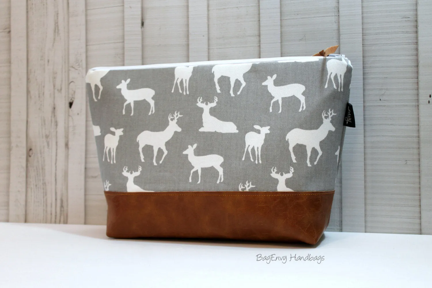 Deer Buck In Grey with Vegan Leather - Large Make Up Bag / Diaper Clutch / Bridesmaid Gift