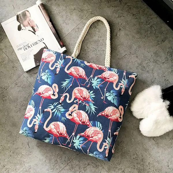 Flamingo Women Canvas Large Beach Shoulder Bag