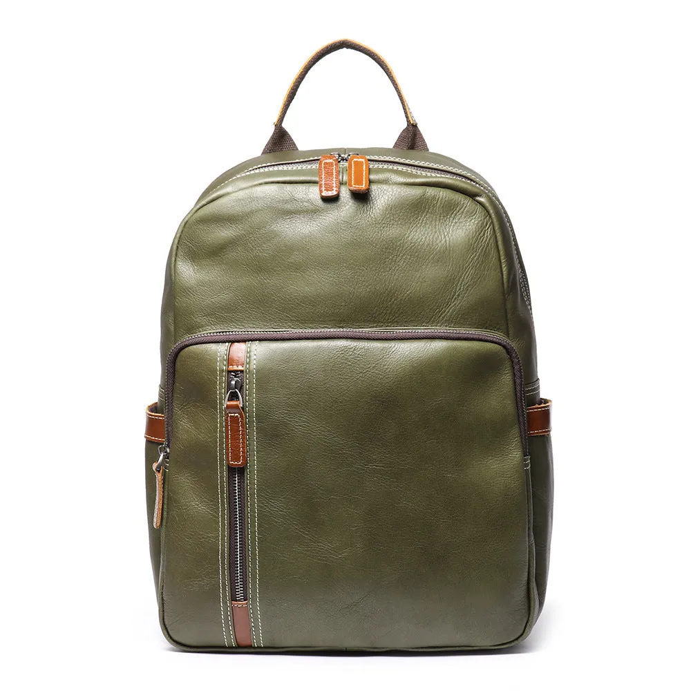 Leather Backpack Cowhide Travel Contrast Color