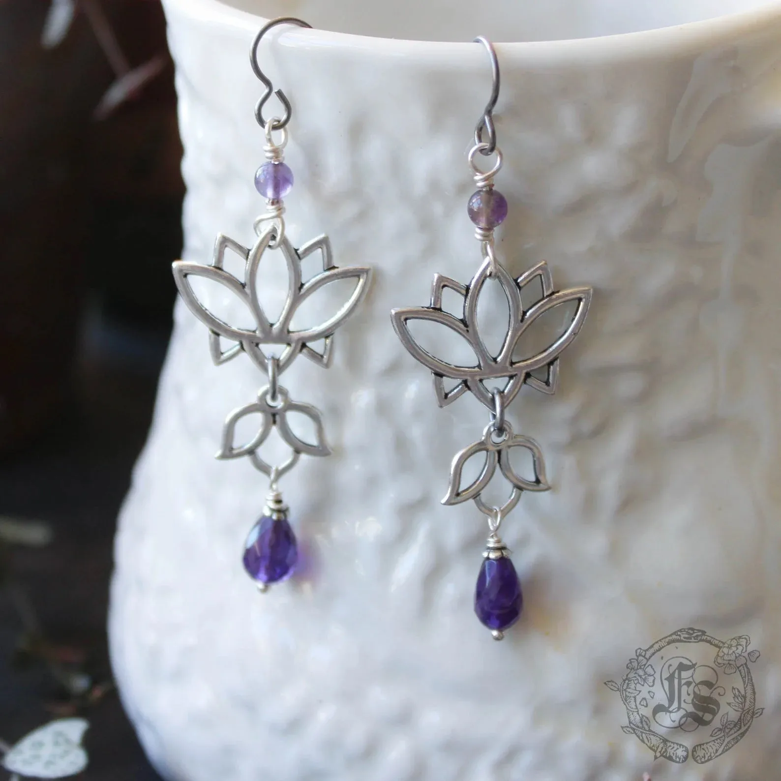 Long Lotus Statement Earrings with Amethyst