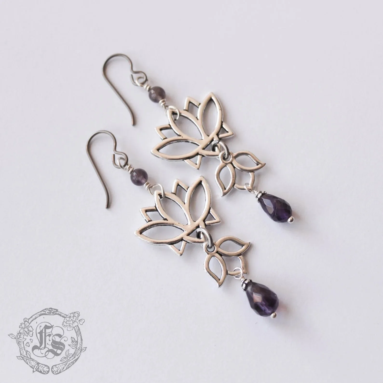 Long Lotus Statement Earrings with Amethyst