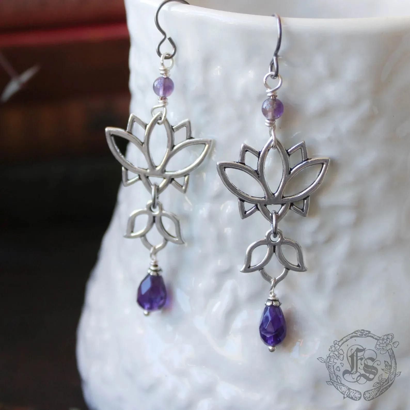 Long Lotus Statement Earrings with Amethyst