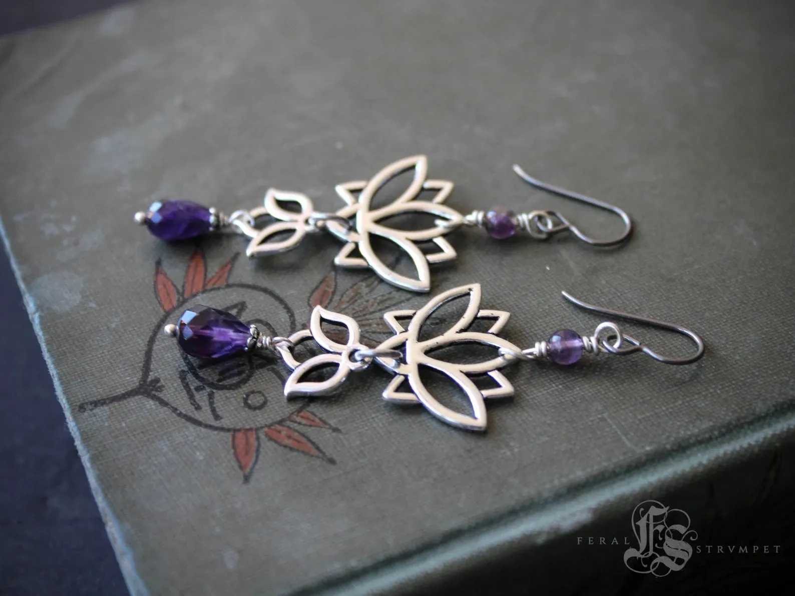 Long Lotus Statement Earrings with Amethyst