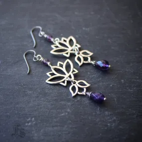 Long Lotus Statement Earrings with Amethyst