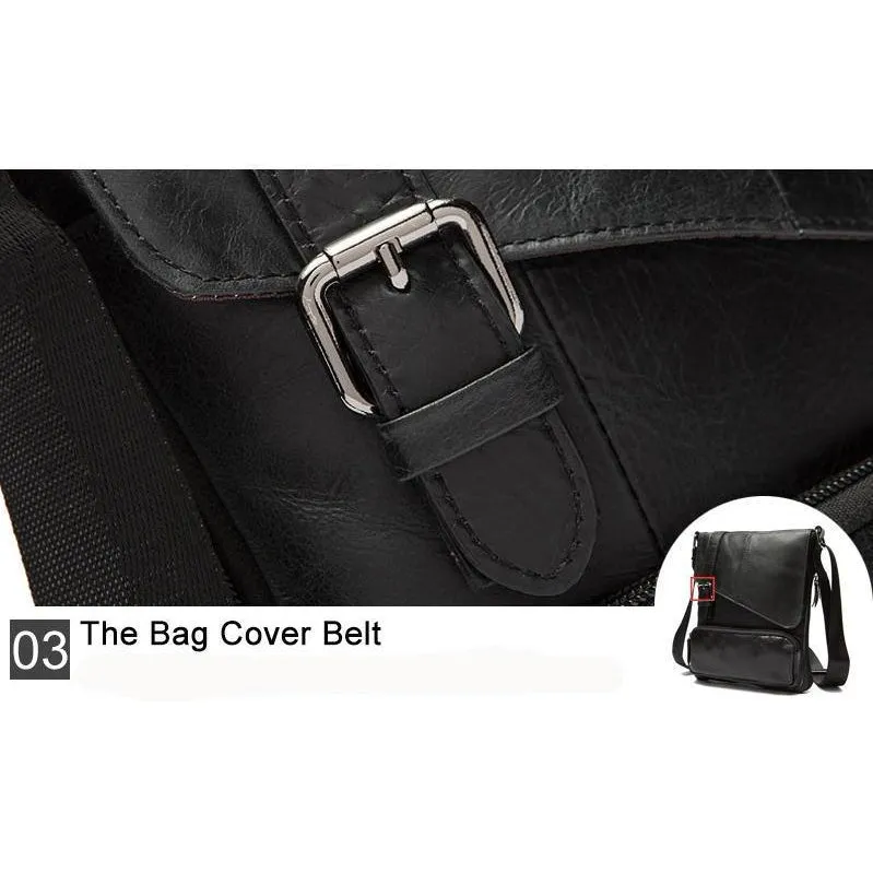 Men Black Natural Leather Shoulder Bag with a Belt Buckle Flap Closure Design
