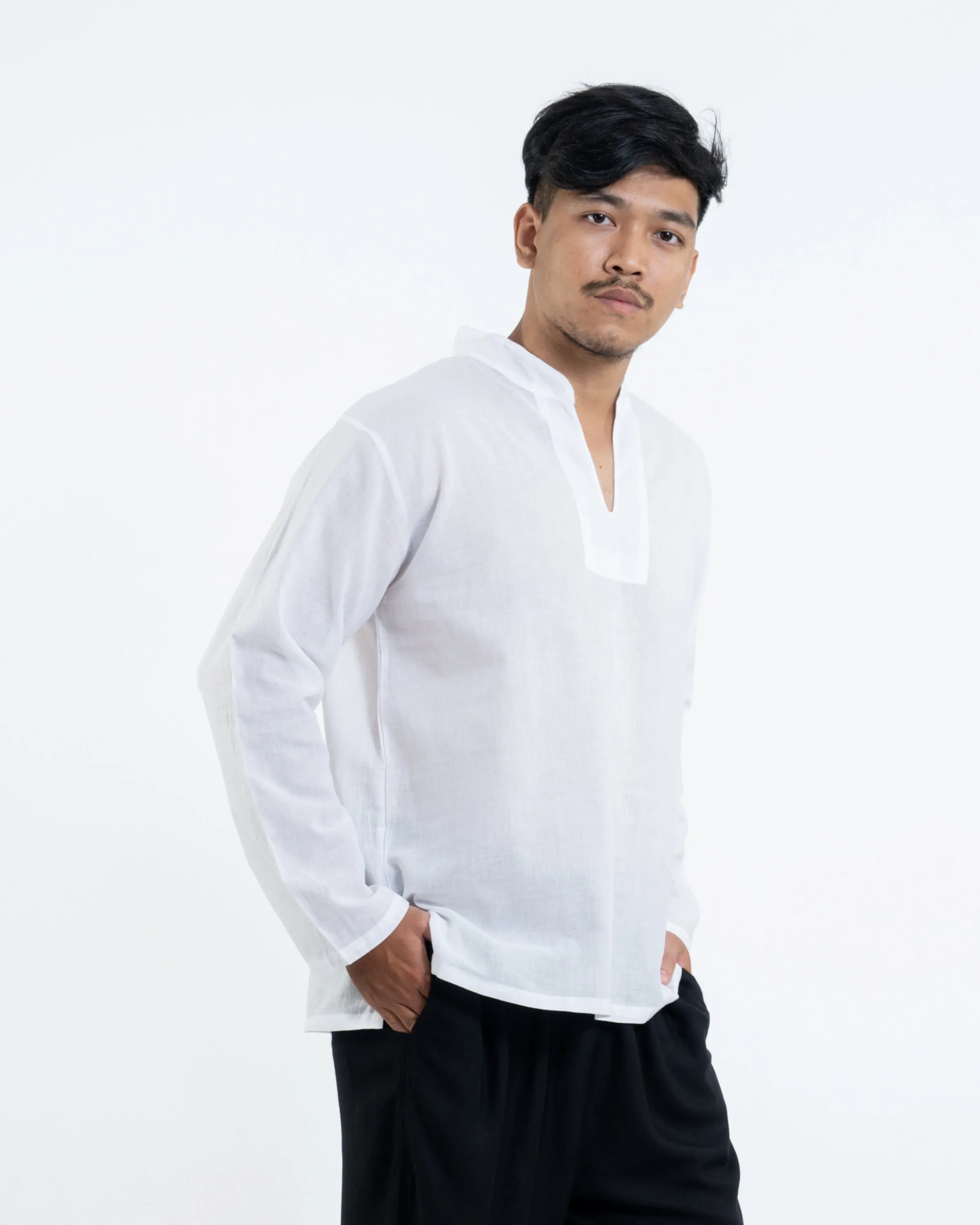 Mens V Neck Band Collar Yoga Shirt in White