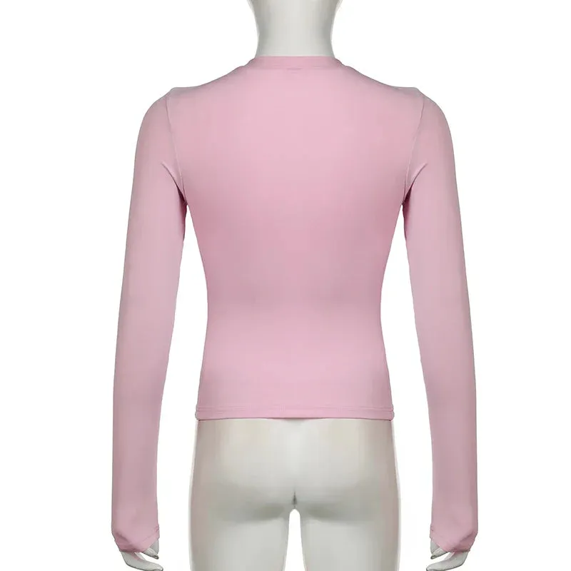 Metaversmall Casual Pink Skinny Long Sleeve Women Tee Shirts Solid Basic Elastic Spring Autumn Crop Tops All-Match Streetwear New