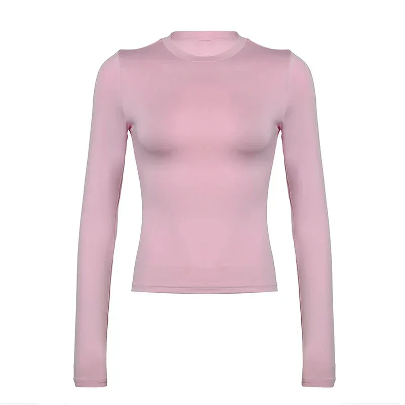Metaversmall Casual Pink Skinny Long Sleeve Women Tee Shirts Solid Basic Elastic Spring Autumn Crop Tops All-Match Streetwear New