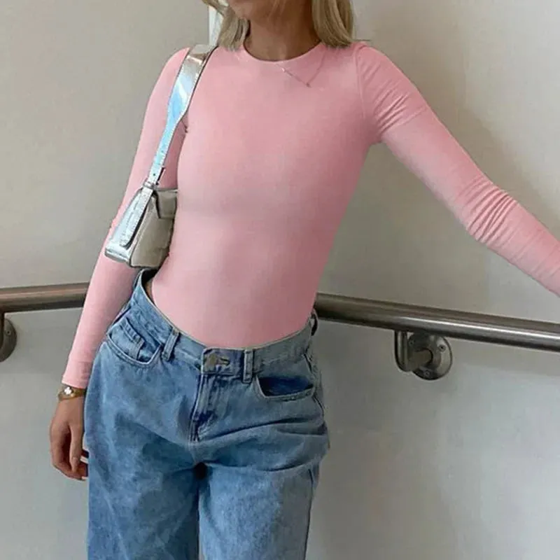 Metaversmall Casual Pink Skinny Long Sleeve Women Tee Shirts Solid Basic Elastic Spring Autumn Crop Tops All-Match Streetwear New