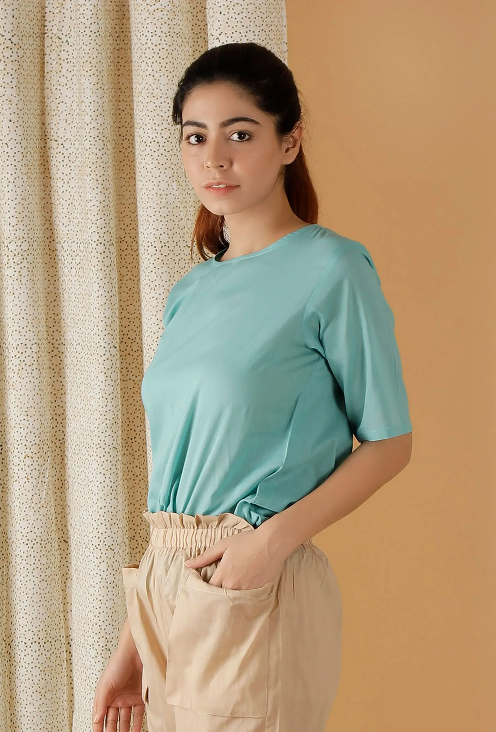 Mulmul Cotton Solid Turquoise Blue Top