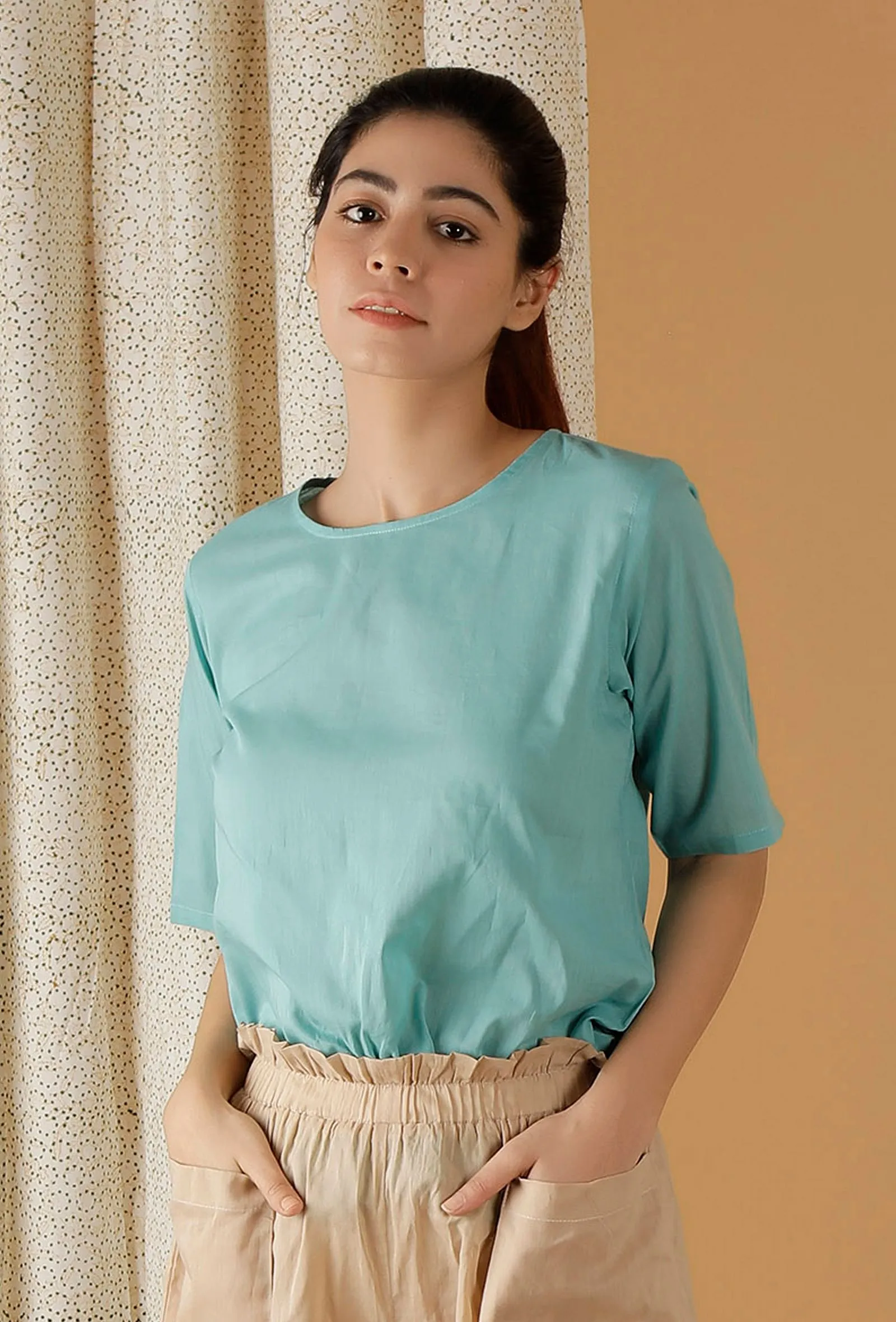 Mulmul Cotton Solid Turquoise Blue Top