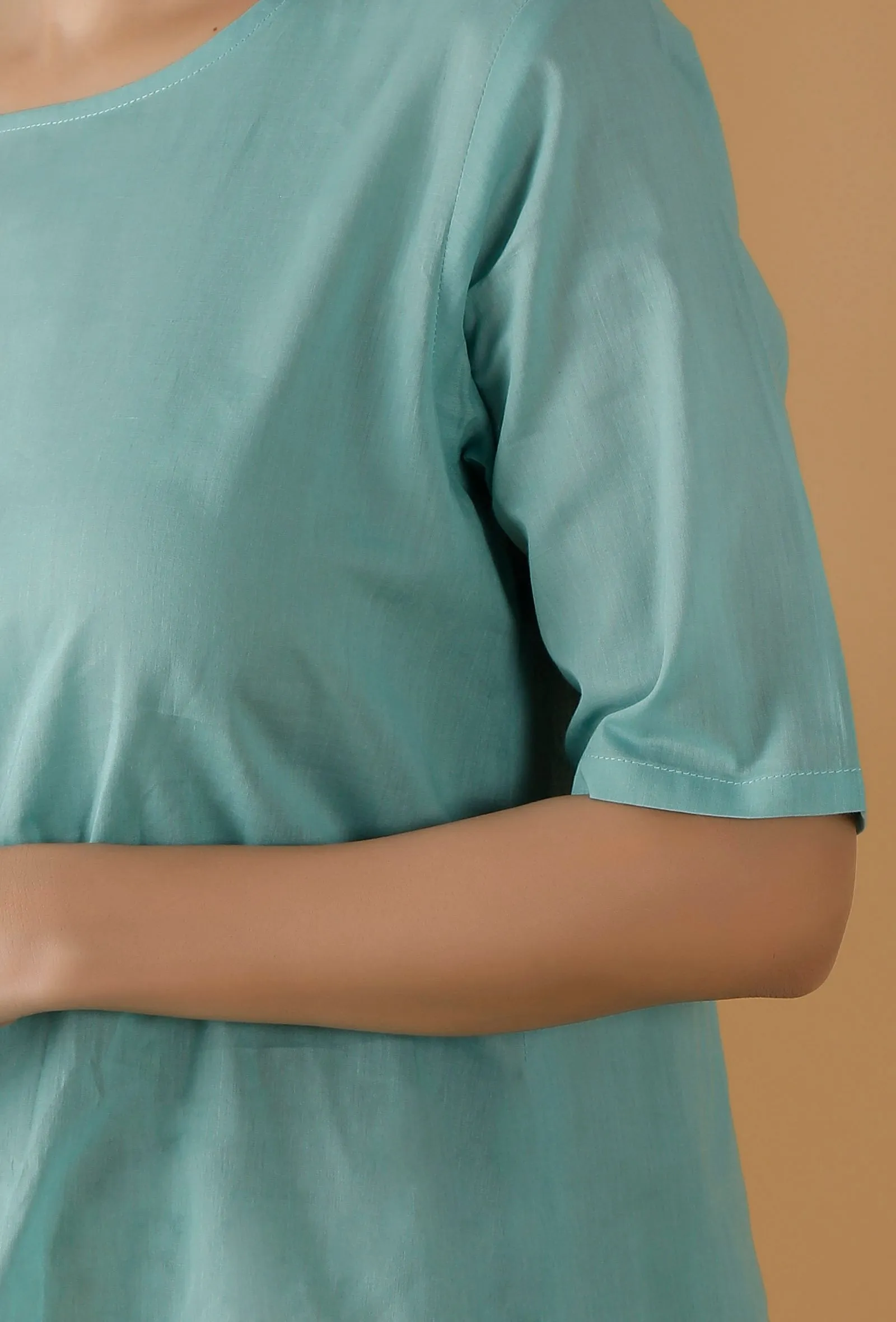 Mulmul Cotton Solid Turquoise Blue Top
