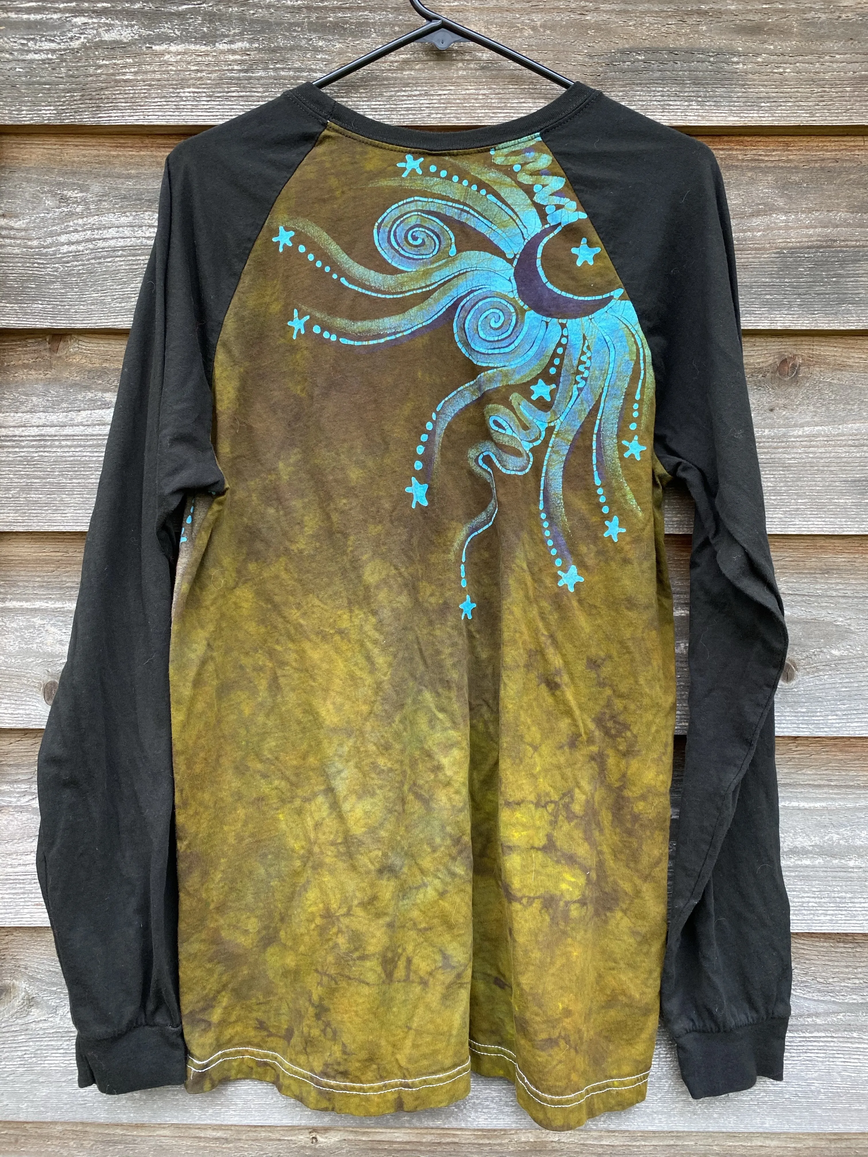 Odd Turquoise Tree Black Raglan Long Sleeve Batik Top by Batikwalla - Size Large