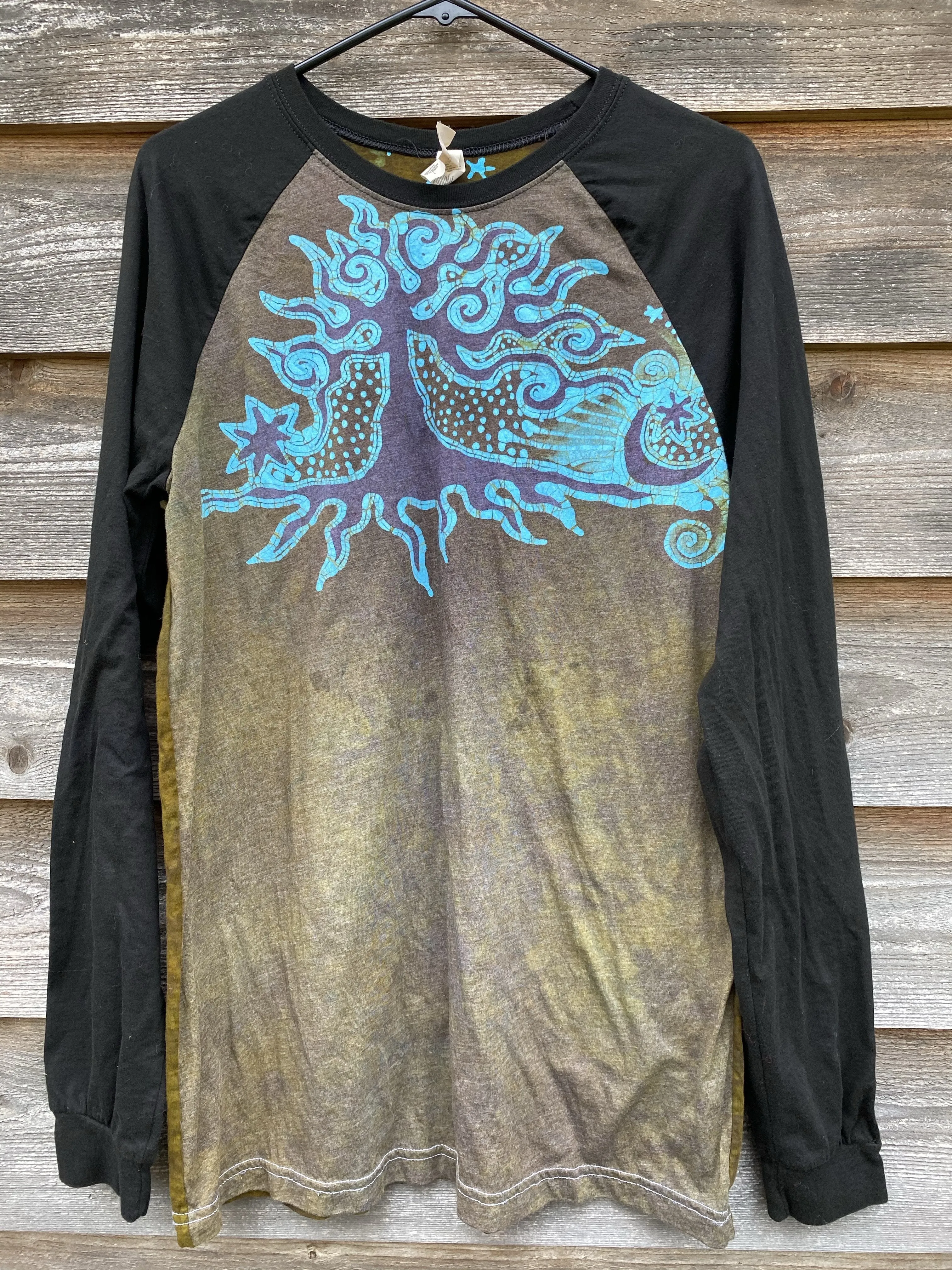 Odd Turquoise Tree Black Raglan Long Sleeve Batik Top by Batikwalla - Size Large