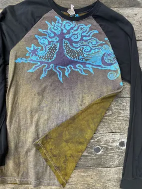 Odd Turquoise Tree Black Raglan Long Sleeve Batik Top by Batikwalla - Size Large