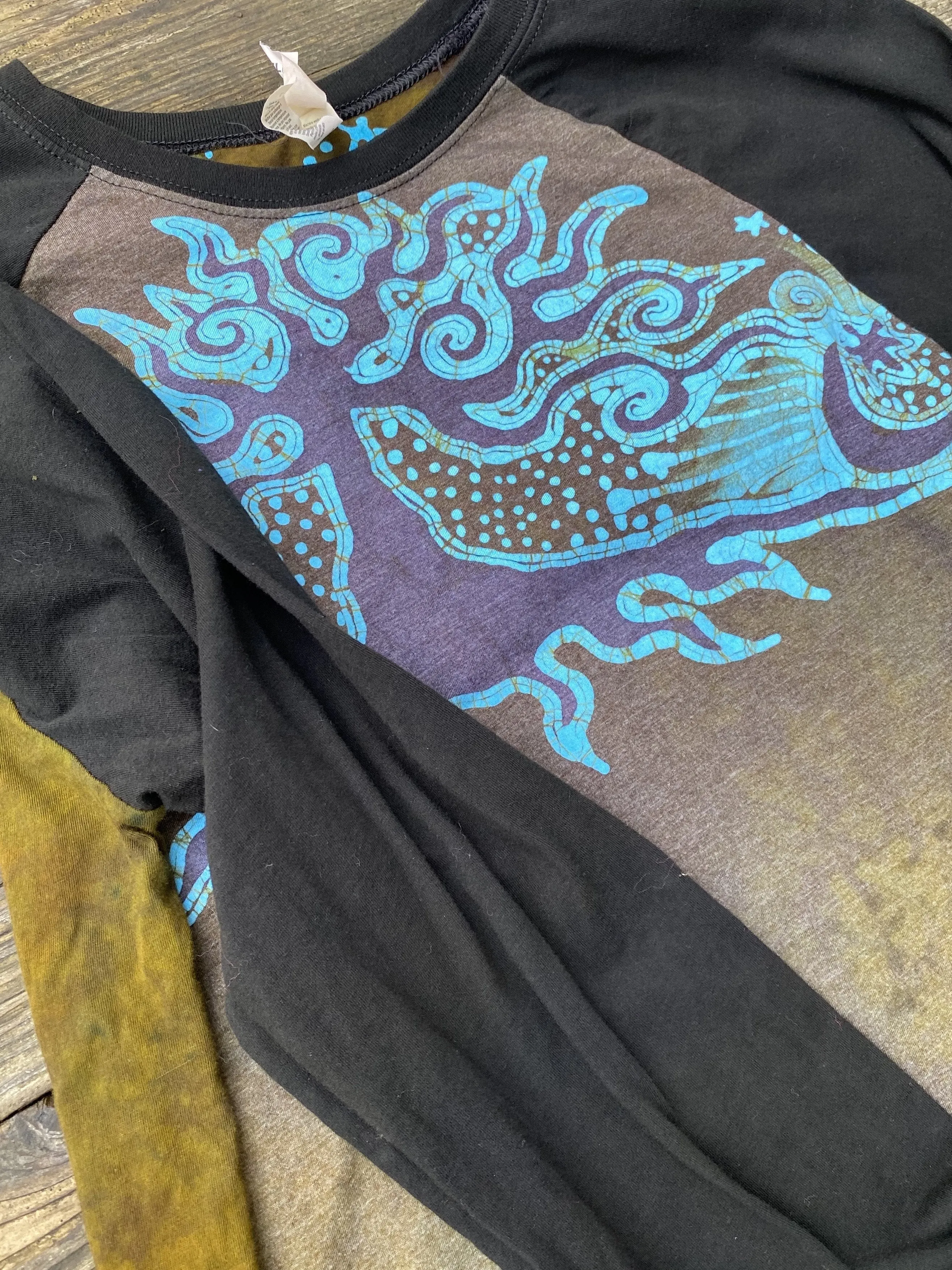 Odd Turquoise Tree Black Raglan Long Sleeve Batik Top by Batikwalla - Size Large