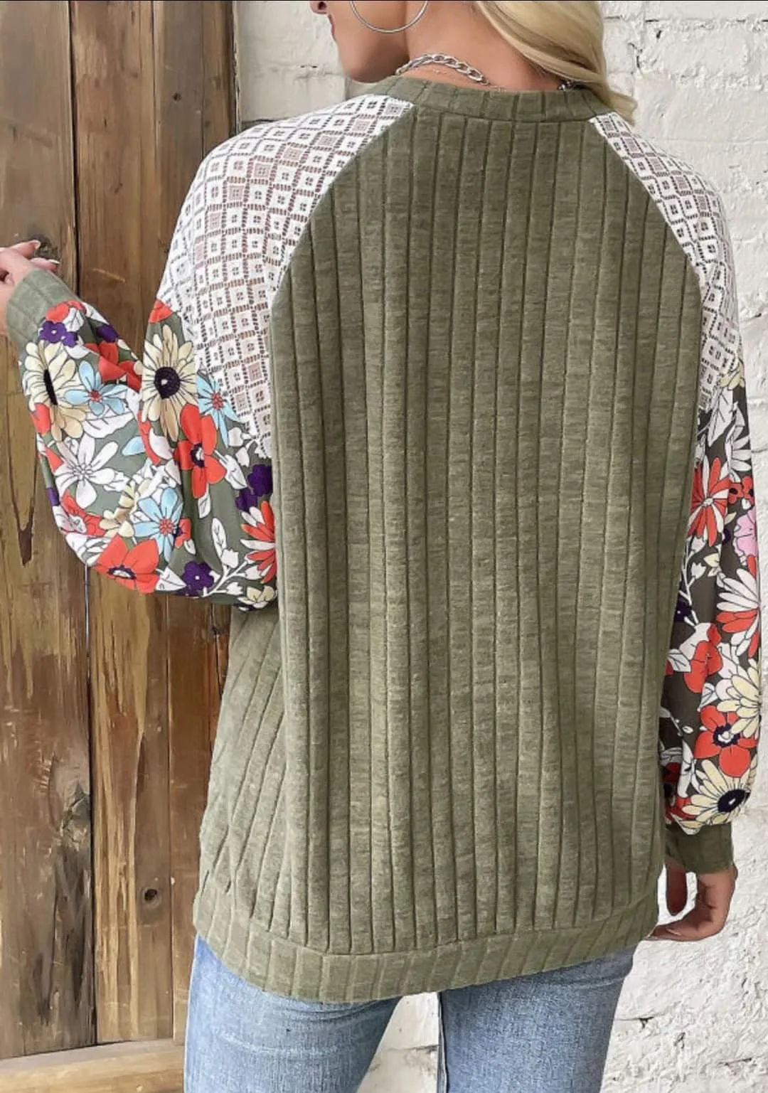 Olive Top w/Floral Sleeves - #8144-8148