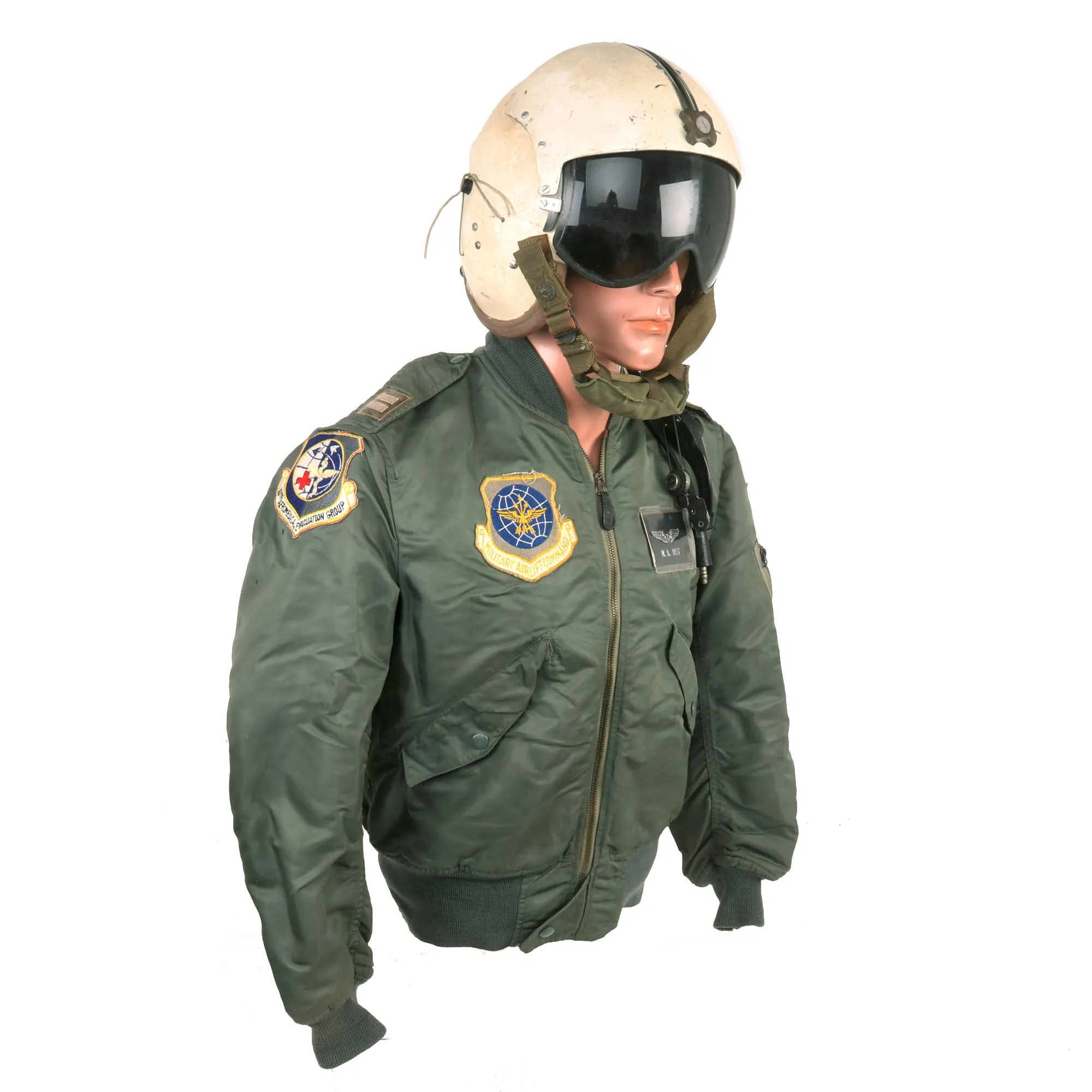 Original U.S. Vietnam War Named Flight Jacket & APH-5 Helicopter Pilot Flying Helmet Group - 56th Aeromedical Evacuation Squadron