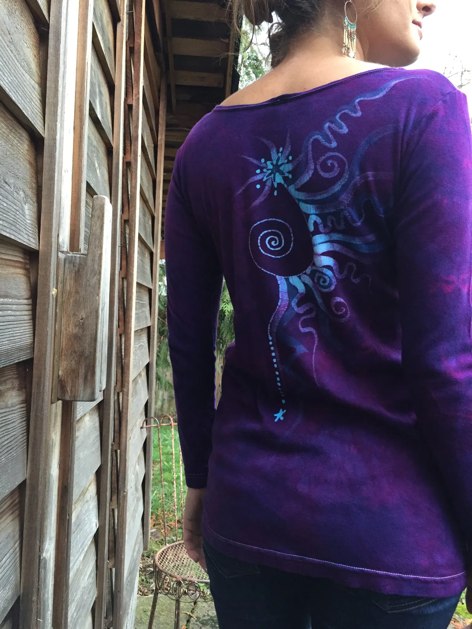 Purple and Turquoise Center Star Long Sleeve Batik Top - Size Small