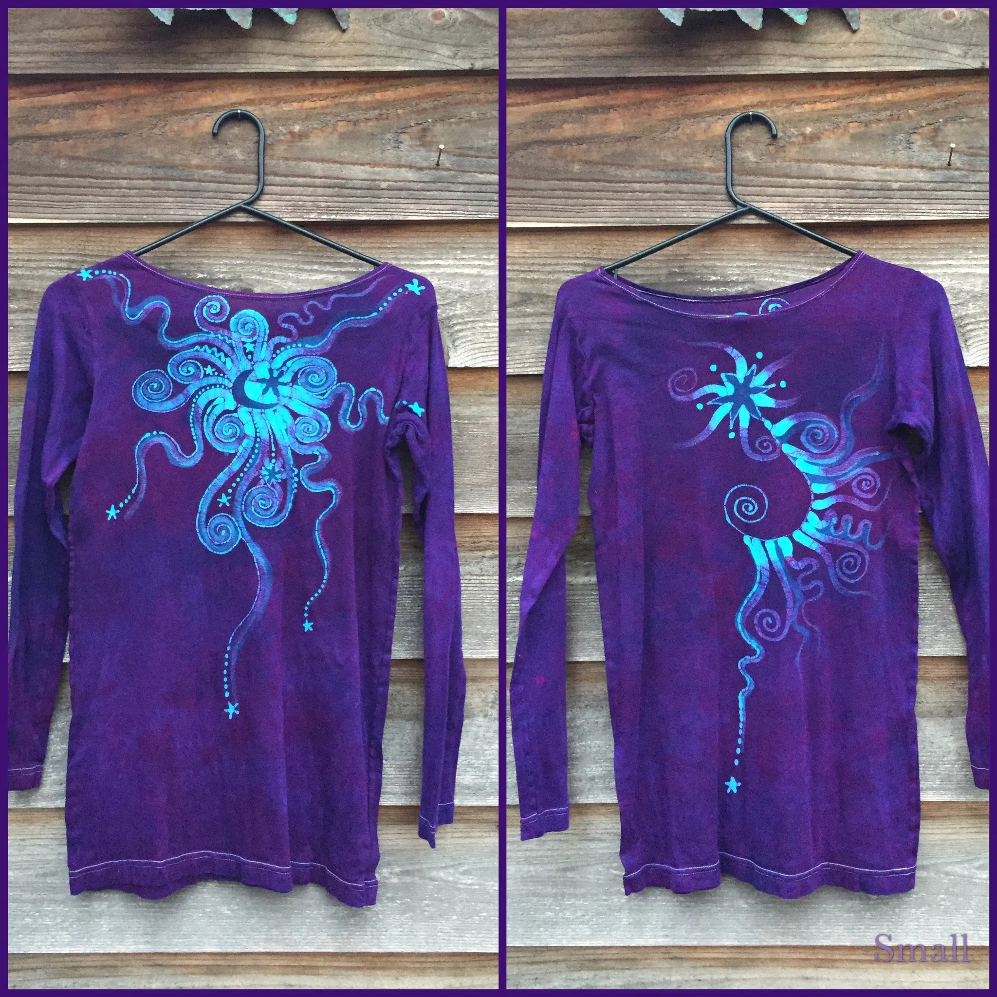 Purple and Turquoise Center Star Long Sleeve Batik Top - Size Small
