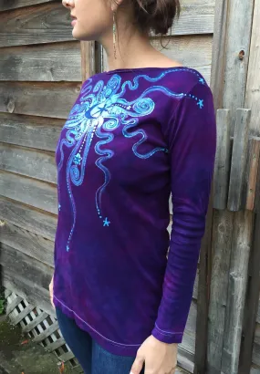 Purple and Turquoise Center Star Long Sleeve Batik Top - Size Small