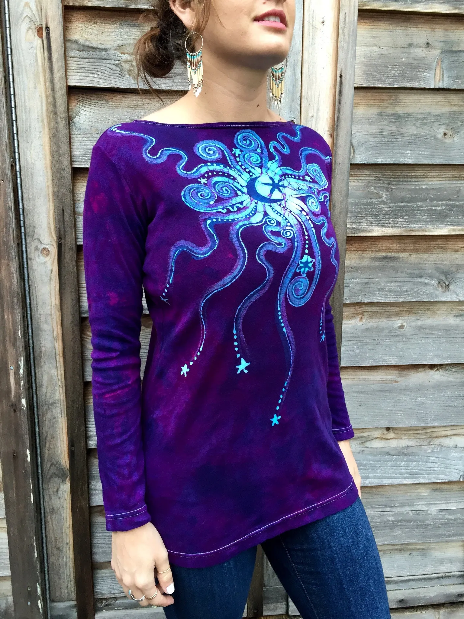 Purple and Turquoise Center Star Long Sleeve Batik Top - Size Small