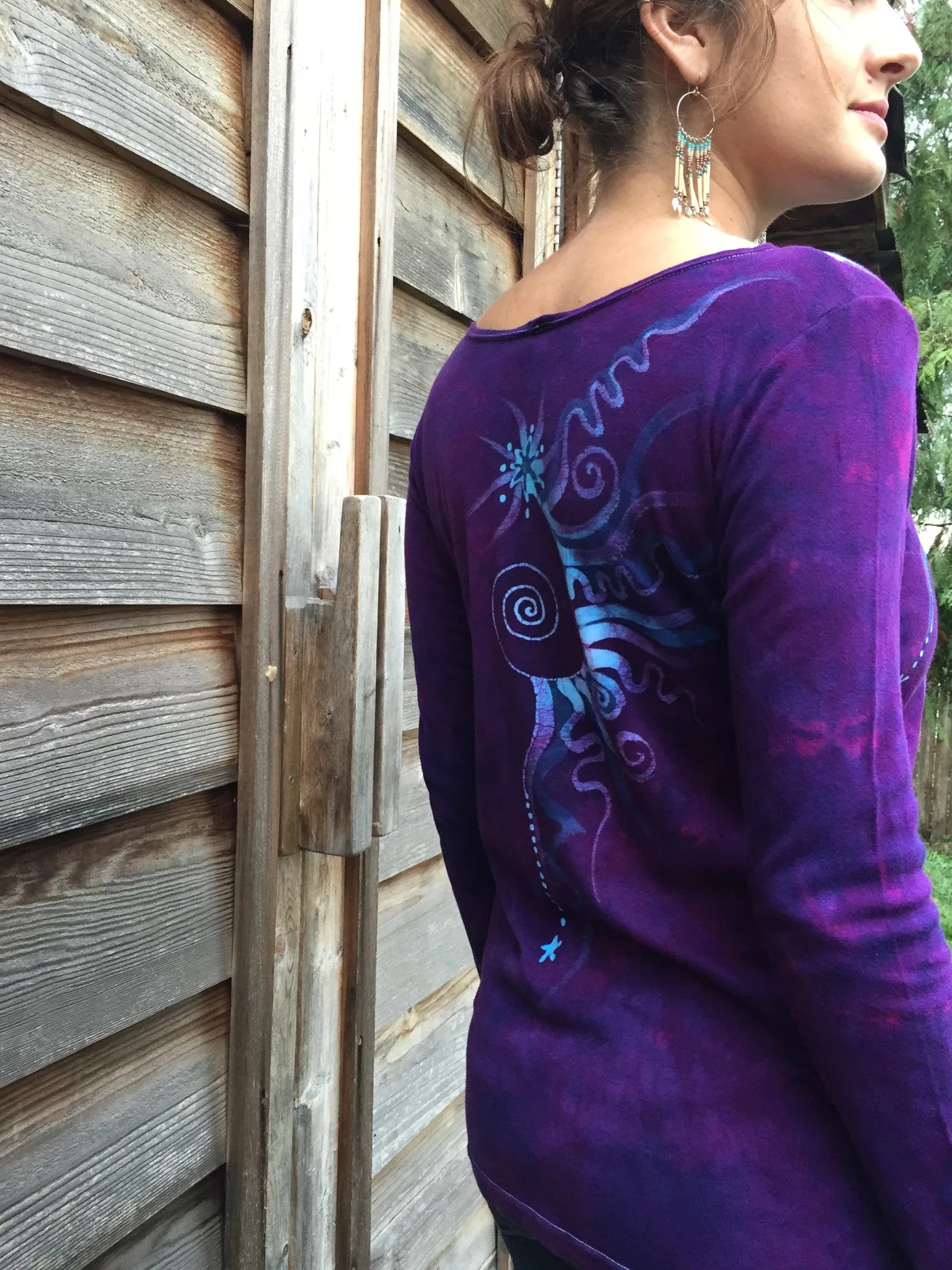 Purple and Turquoise Center Star Long Sleeve Batik Top - Size Small