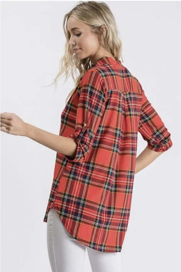 Red Plaid Top w/Roll Up Sleeves - #8278-8283