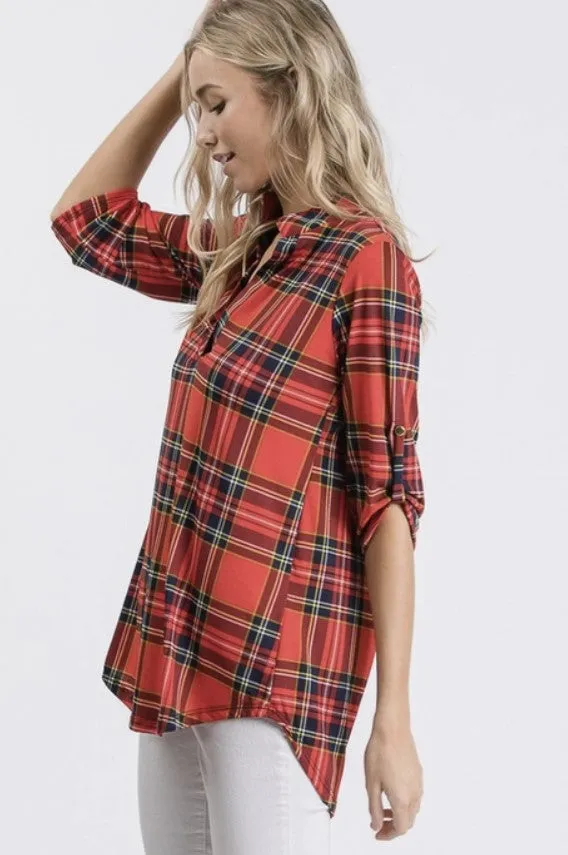 Red Plaid Top w/Roll Up Sleeves - #8278-8283
