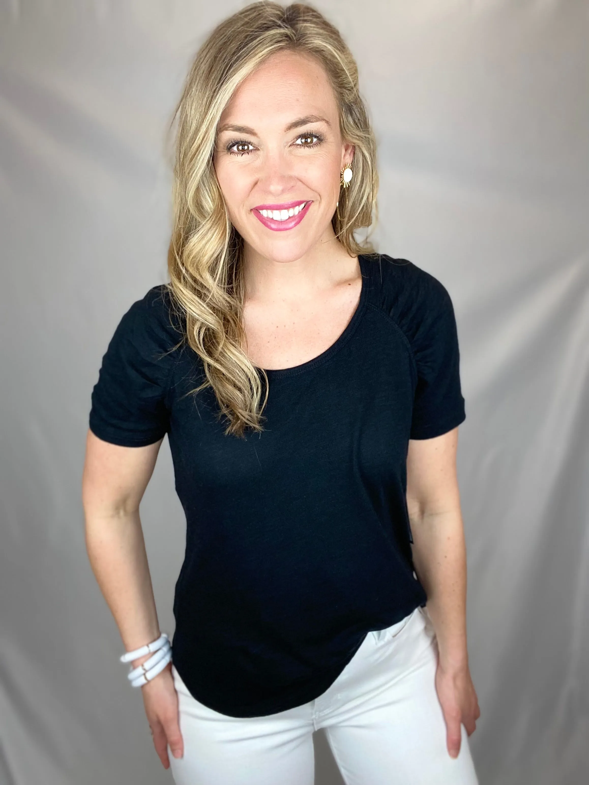 Shirred Raglan Short Sleeve Top-Black