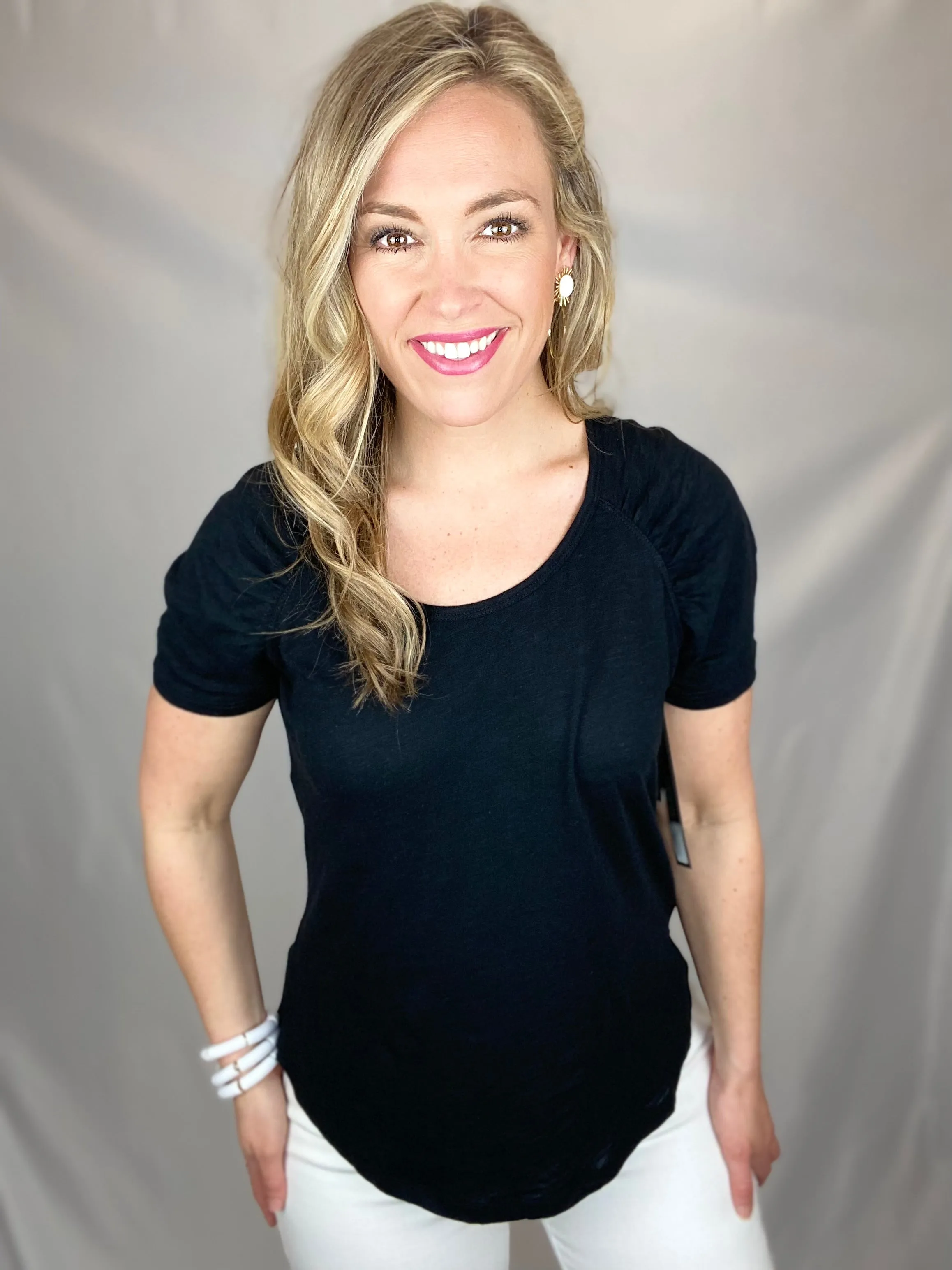 Shirred Raglan Short Sleeve Top-Black