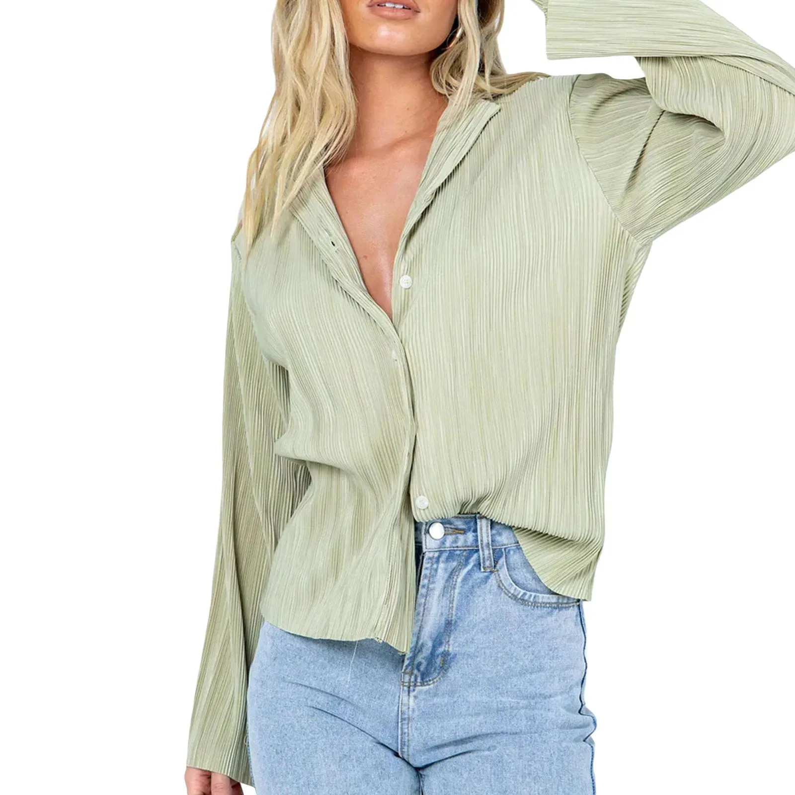 Solid Long Sleeve Button Down V Neck Lapel Shirt Casual Blouse