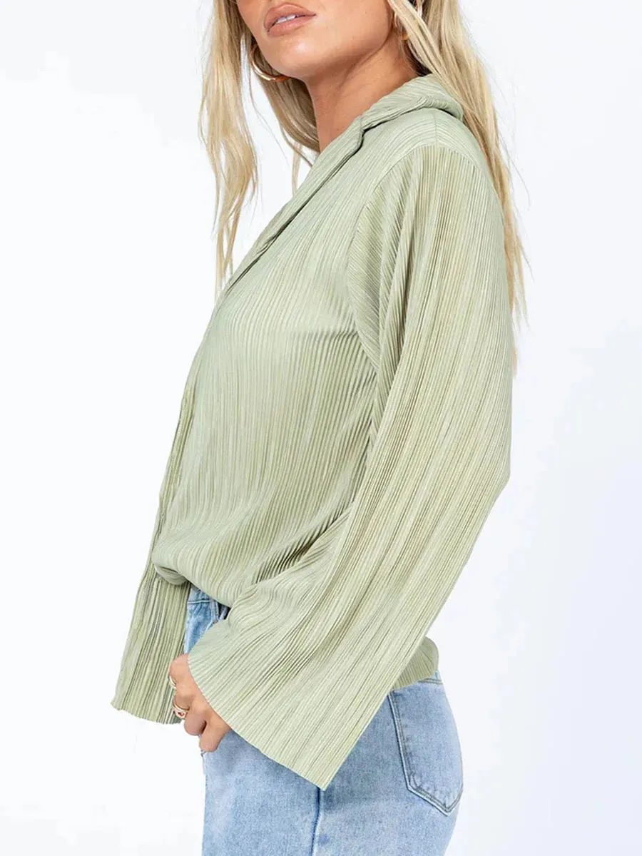 Solid Long Sleeve Button Down V Neck Lapel Shirt Casual Blouse