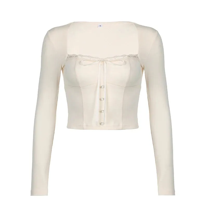 Square Neck Coquette Autumn Women T-shirts Slim Sweet Korean Style Lace Trim Crop Top Tee Chic Tie Up Buttons Clothes