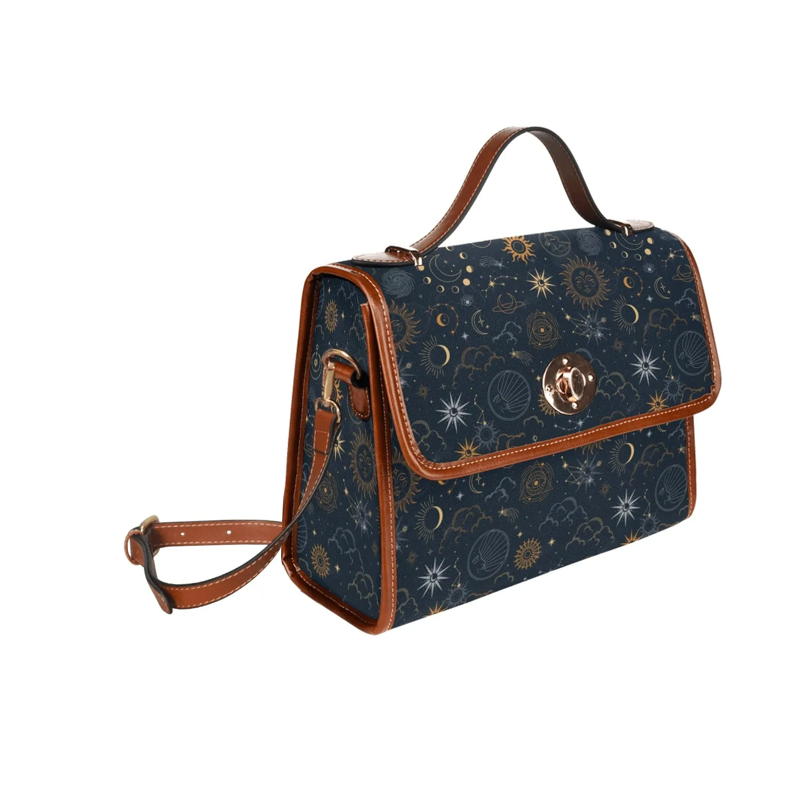 Sun Moon Canvas Satchel bag, Planets Space Stars Vintage Waterproof Brown Cute Women Crossed Body Purse Vegan Leather Strap Handbag Gift