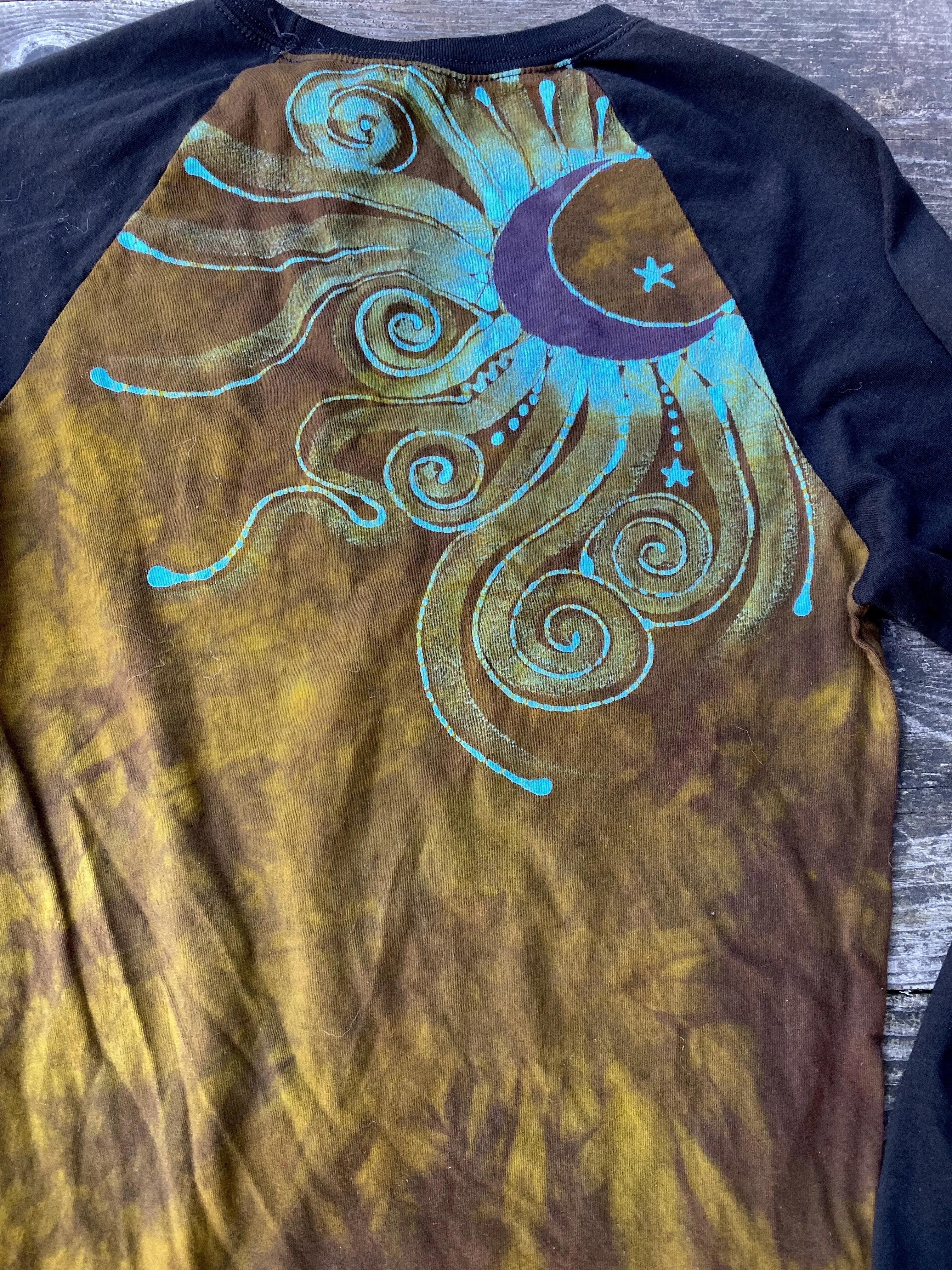 Turquoise Tree Black Raglan Long Sleeve Batik Top by Batikwalla