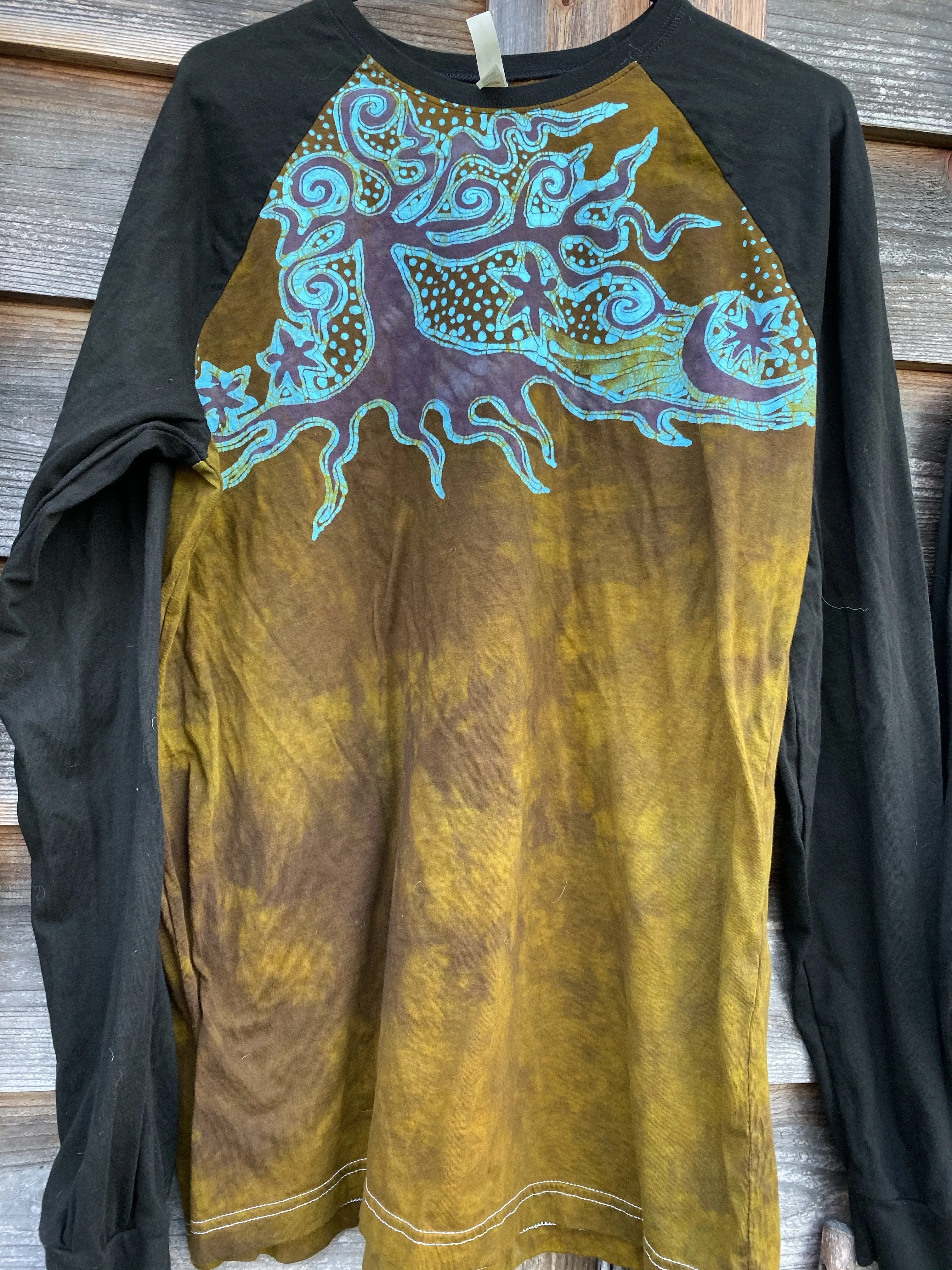 Turquoise Tree Black Raglan Long Sleeve Batik Top by Batikwalla