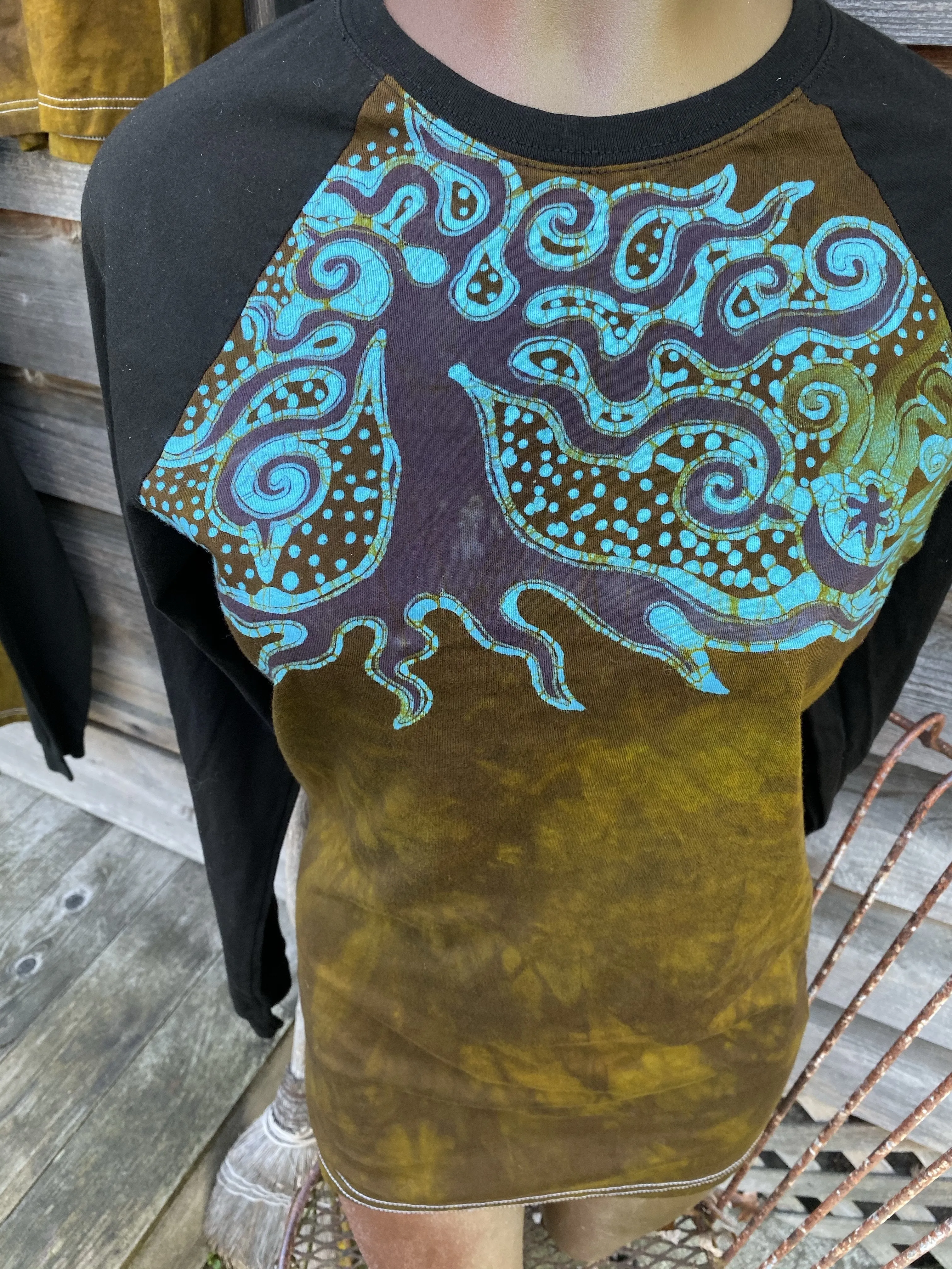 Turquoise Tree Black Raglan Long Sleeve Batik Top by Batikwalla
