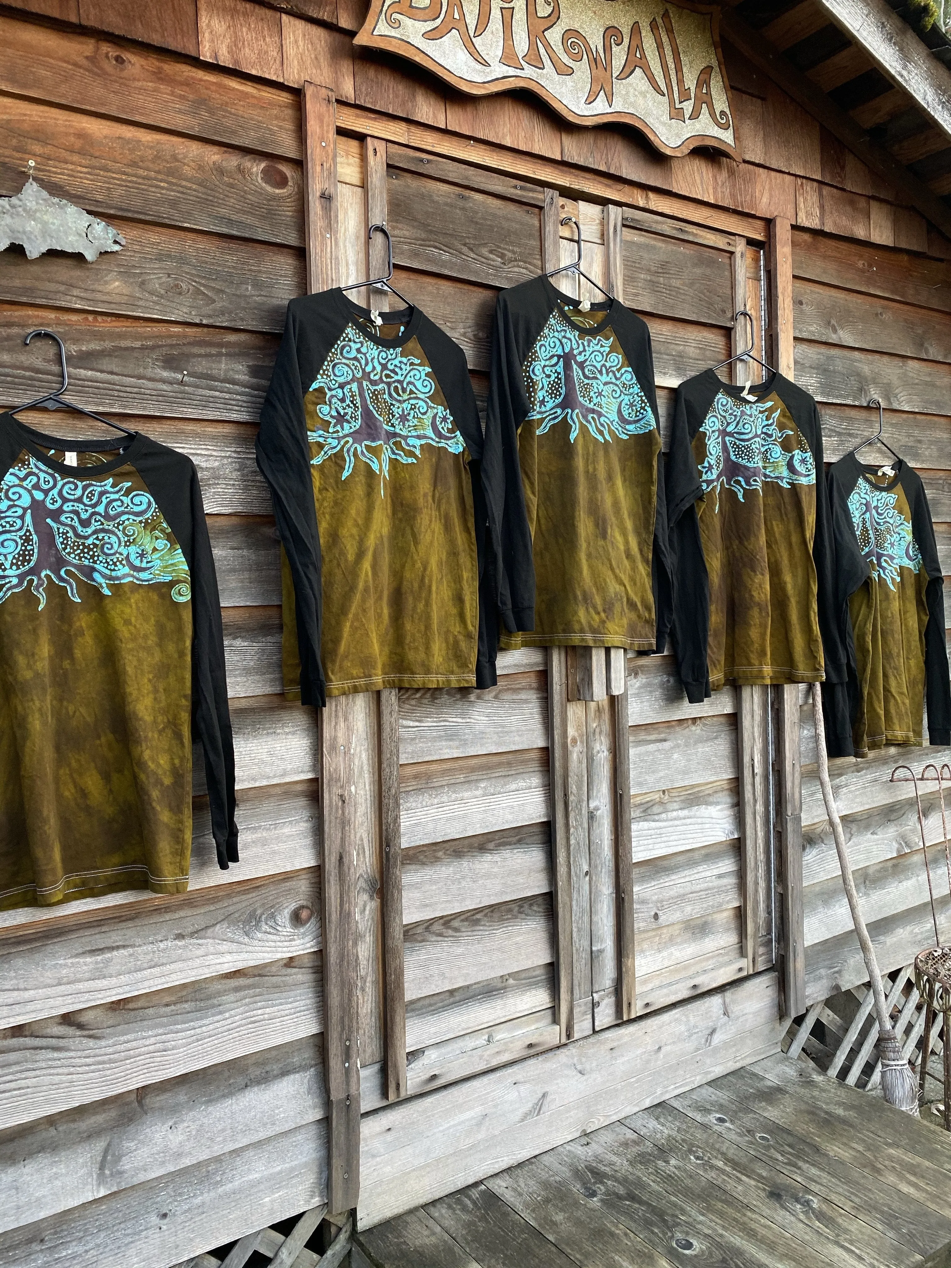 Turquoise Tree Black Raglan Long Sleeve Batik Top by Batikwalla