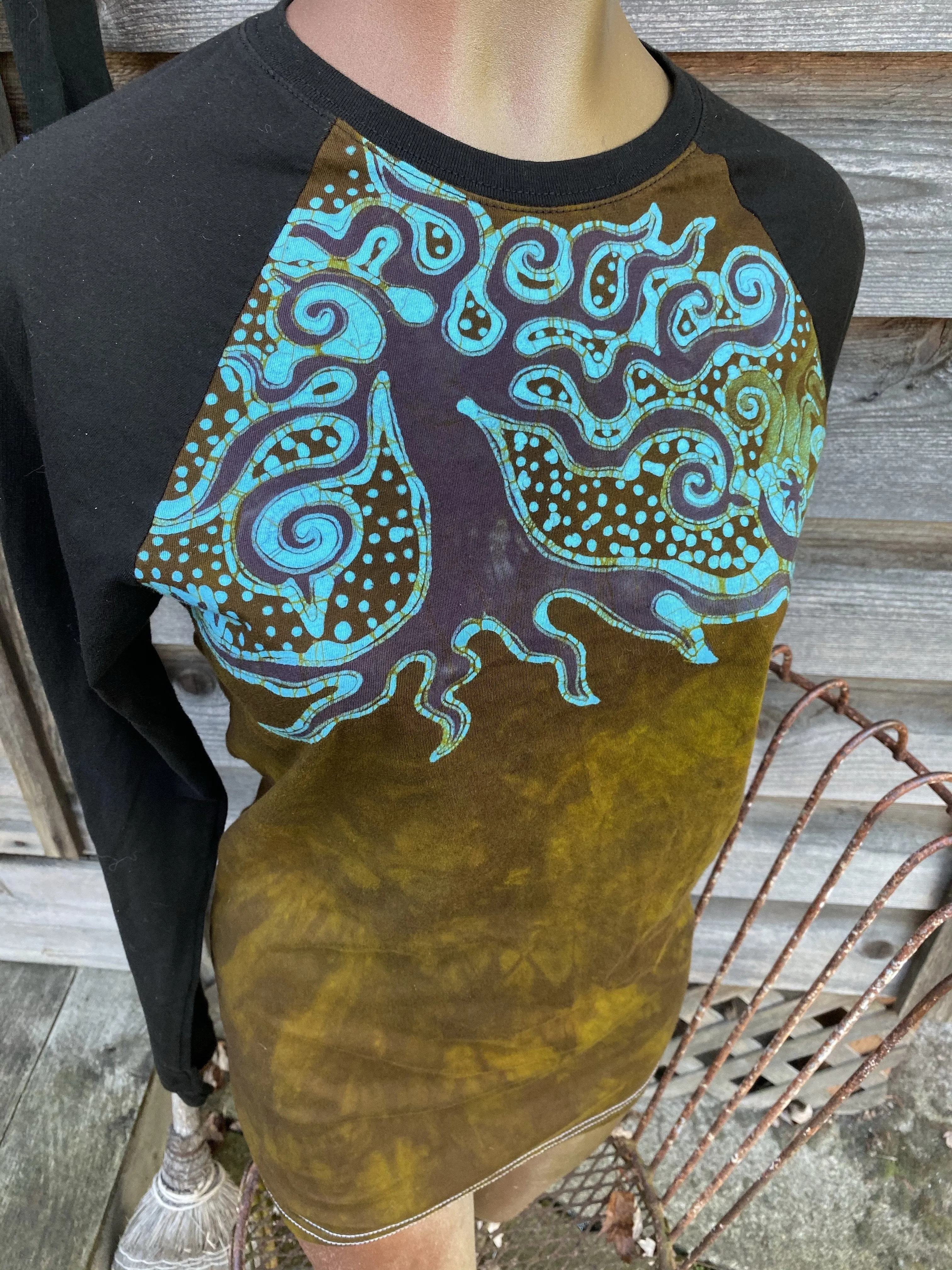 Turquoise Tree Black Raglan Long Sleeve Batik Top by Batikwalla