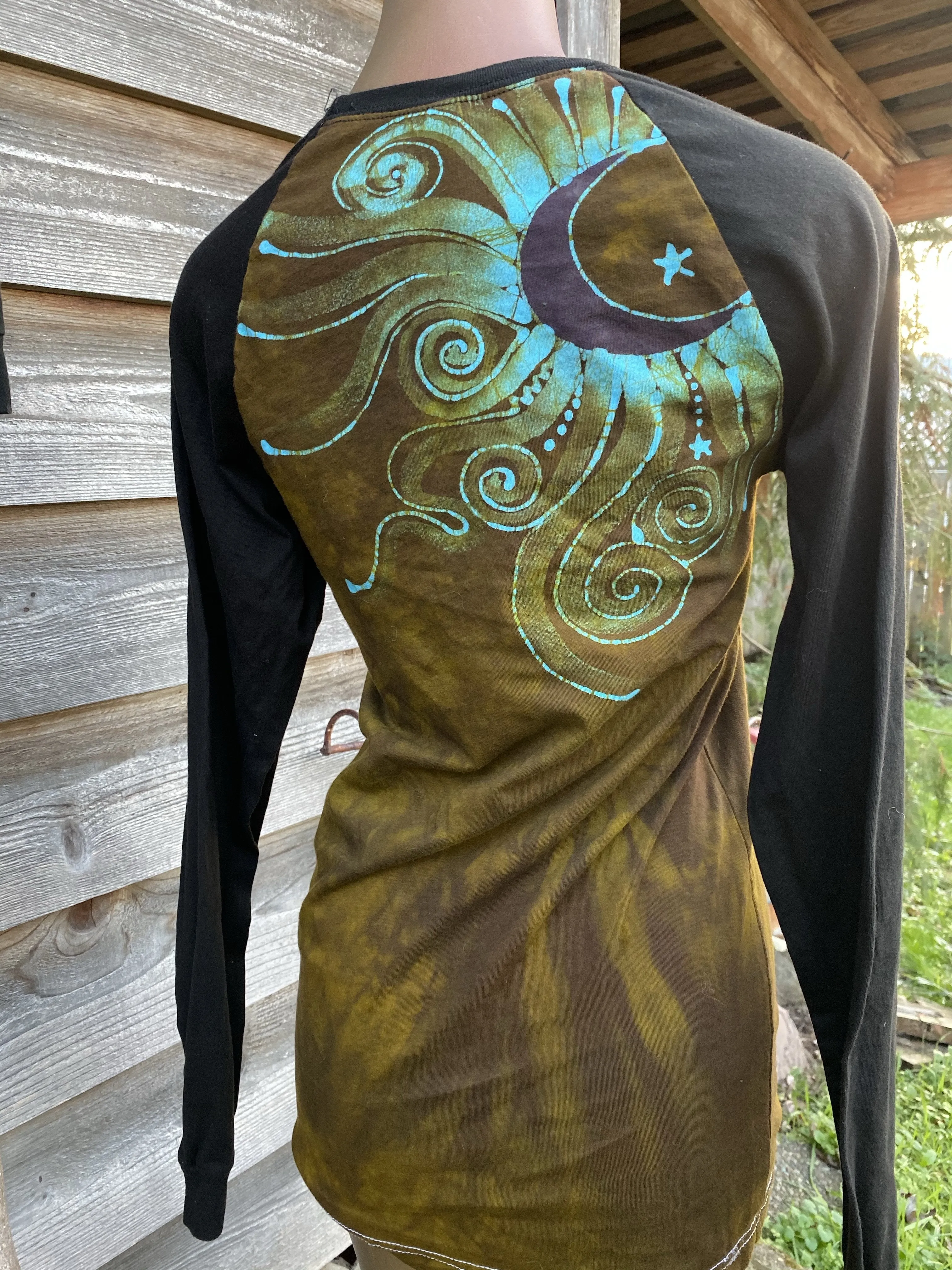 Turquoise Tree Black Raglan Long Sleeve Batik Top by Batikwalla